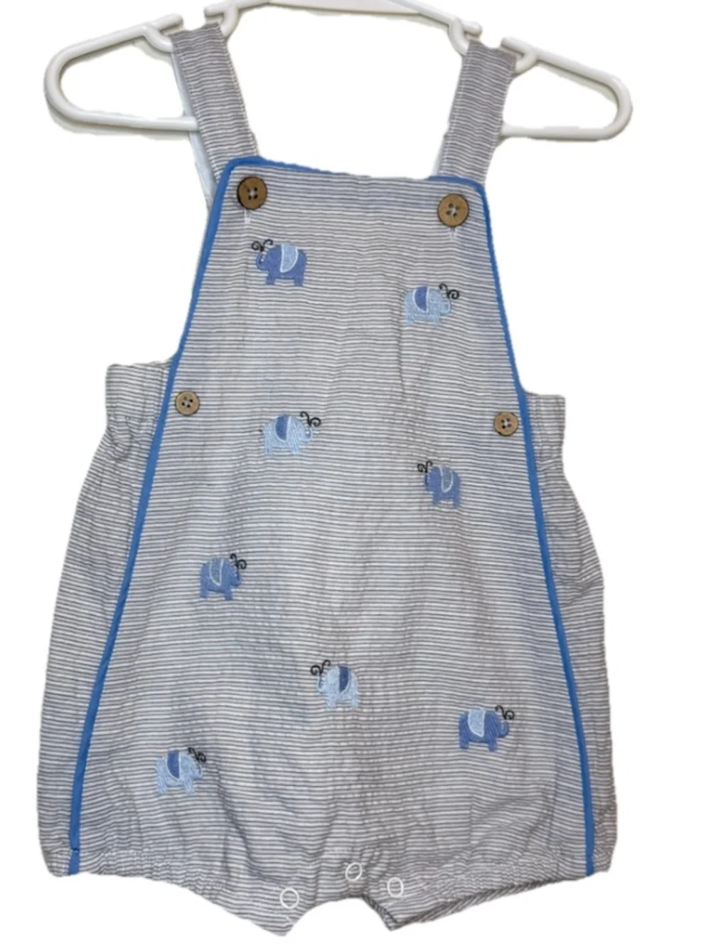 Mudpie Overall Shorts Shortalls Romper Striped With Elephants 6-9 Months